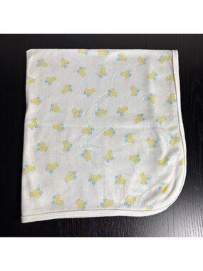 Vintage 90s LITTLE ME Baby Blanket White Yellow Blue Cotton Knit Duck Print